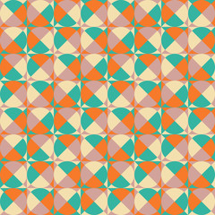 Seamless geometric simple pattern of colored triangles and circles, mosaic. Wrapping paper, tablecloth, bed linen.