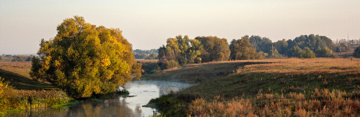 Obraz premium Don river at dawn in the Tula region of Russia. Trees by the river in the morning sun.