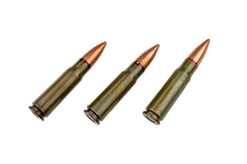 Three 7.62 mm cartridges for a Kalashnikov assault rifle isolated on white background
