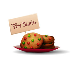 Cookies for Santa Claus with red and green candies on a plate isolated on a white background