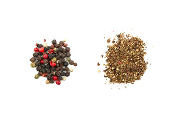Two piles of pepper mix: grain and ground. A mix of four types of pepper grain: black, white, pink,...