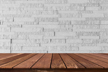 closeup building exterior gray brick cement wall background texture with old wood perspective counter for show,ads,design product on display concept