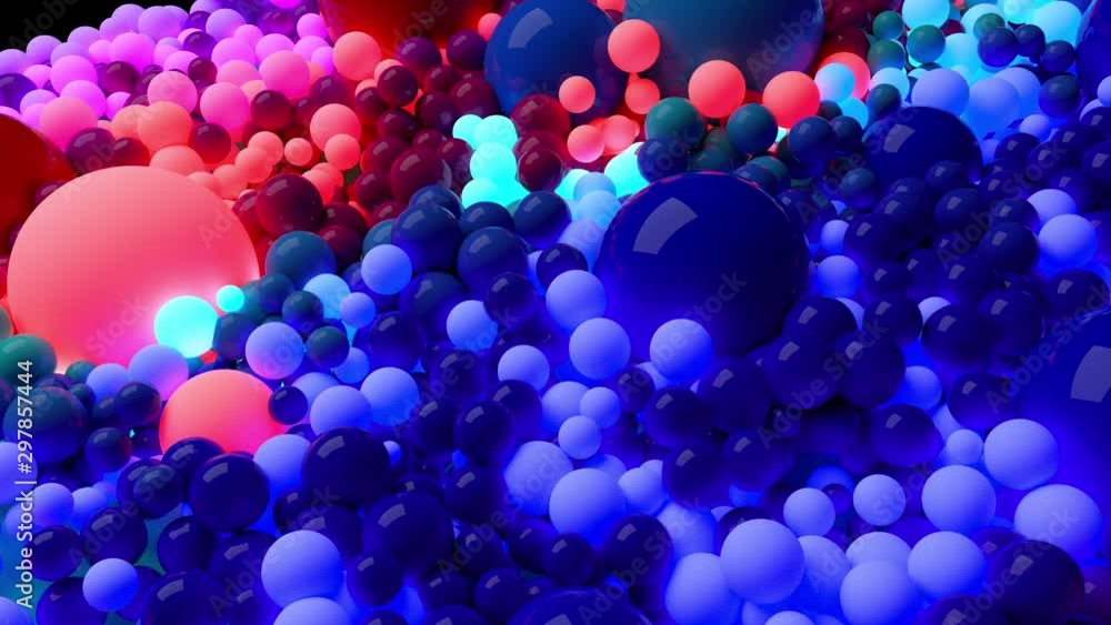 Poster dark composition with colorful balls that cover the surface, some of which glow. 3d in 4k abstract b