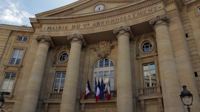 Front view of the Mairie Du Ve Arrondissement in Paris, France - Tilt up view