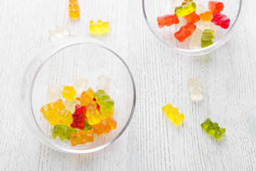 colorful jelly candy in a glass bowl on the table