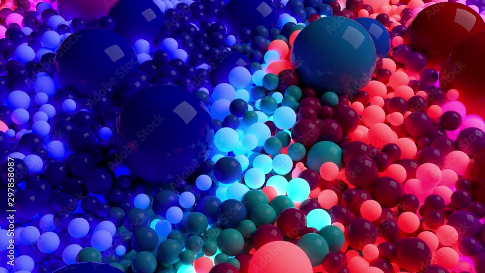 Poster dark composition with colorful balls that cover the surface, some of which glow. 3d in 4k abstract b