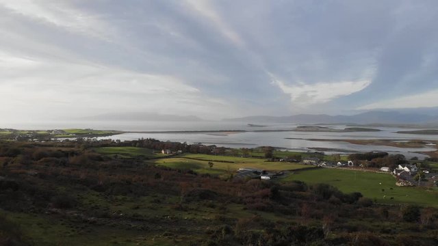 Aerial: Landscape of Croagh Patrick and beautiful Clew Bay in Ireland