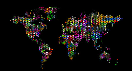 World map graphic patterned on a black background