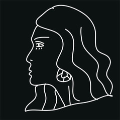 Black and white vector drawing. Minimalist portrait of a girl.Monochrome line drawing with young lady with wavy hair