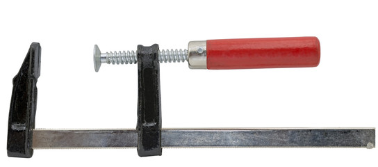 red G-clamp on white