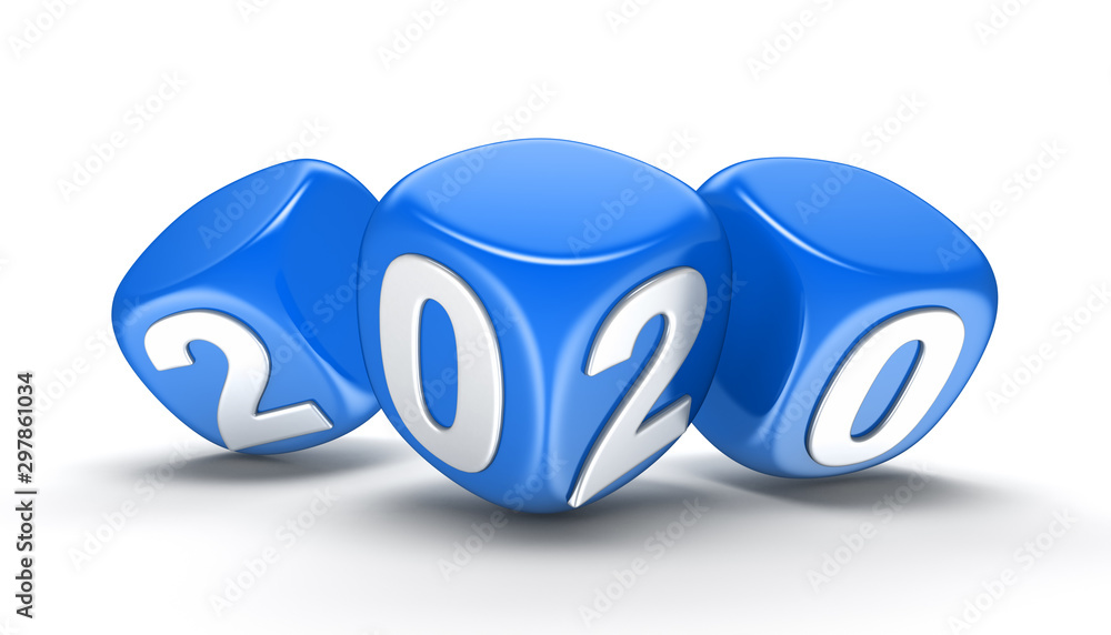 Aufkleber dices with 2020. image with clipping path.