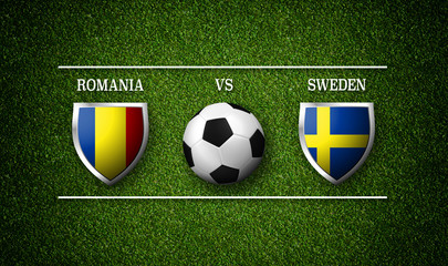 Football Match schedule, Romania vs Sweden, flags of countries and soccer ball - 3D rendering