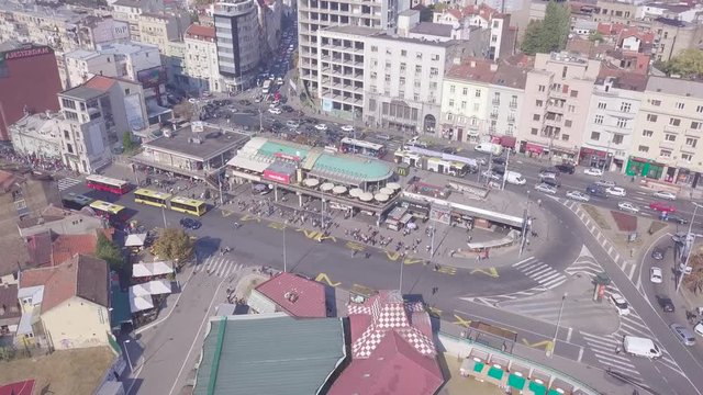 Establishing 4k aerial descending shot of Zeleni Venac station summer day Belgrade