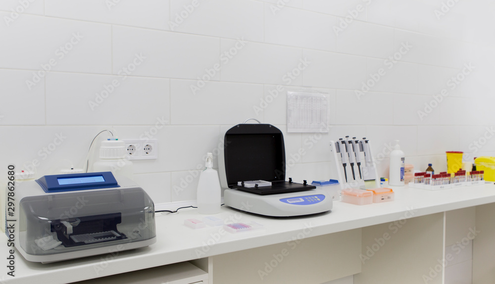 Poster interior of laboratory with newest techniques and machines