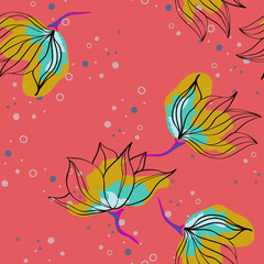 Pink hibiscus flowers tropical seamless pattern
