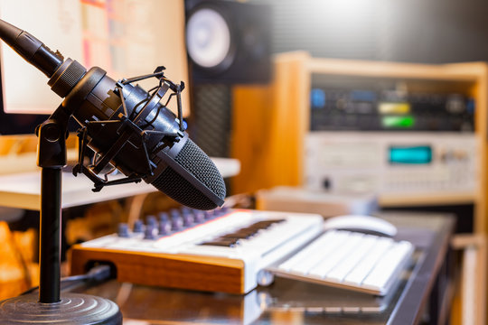 condenser microphone in home studio. recording, broadcasting concept