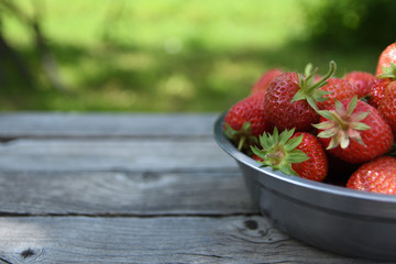  Strawberries in a bowl on a wooden table, outdoors on a green blurred background of leaves and trees
