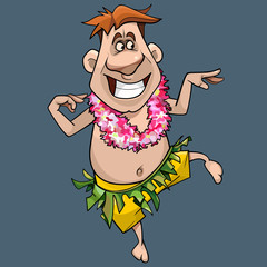 cartoon joyful man in loincloth and flower boa dancing fun