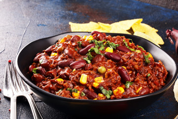 Hot chili con carne. mexican food tasty and spicy with red beans