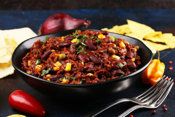 Hot chili con carne. mexican food tasty and spicy with red beans