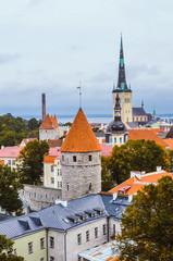 Obraz premium Beautiful cityscape of Estonian capital Tallinn with dominant St. Olaf's Church. Baptist church. One of major tourist attractions in Estonia. City center with the historical walls of Tallinn