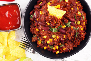 Hot chili con carne. mexican food tasty and spicy with red beans