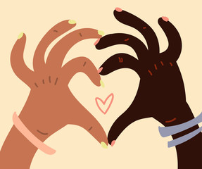 Illustration of a people's two hands with different skin color together making heart shape. Race equality, feminism, tolerance art in minimal style.