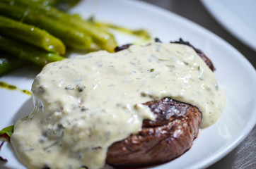 grilled beef with gorgonzola sauce & fresh asparagus