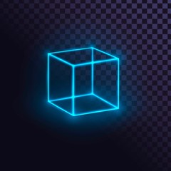 Glowing blue neon cube, futuristic box or block, laser cube on transparent background