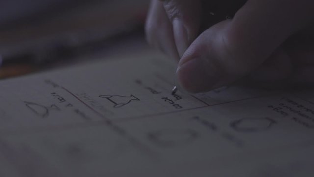 Gros plan d'une femme qui &eacute;crit. Ambiance sombre.