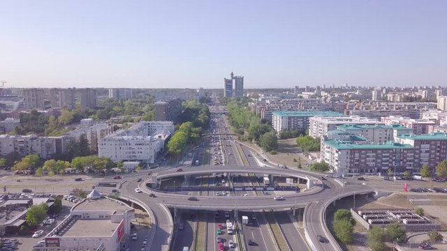 Slow descending aerial shot of Genex and Roundabout and highway, Belgrade