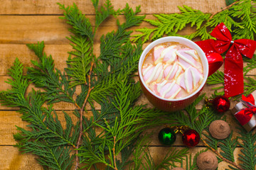 coffee with marshmallows in the red cup. Christmas and new year mood