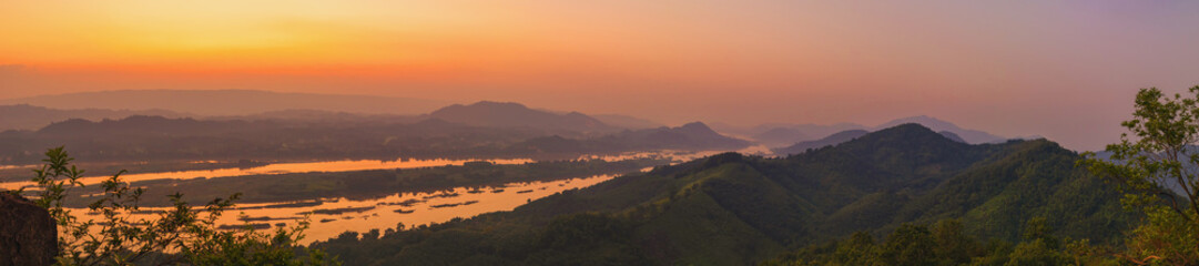 Panoramic view of the sea of ​​fog above the Mekong River, Thailand.