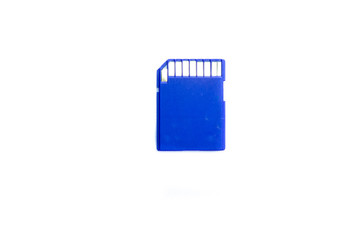 SD card for information in blue and black. Memory card on white background and in hand