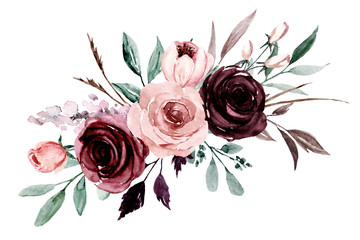 Rosa, lila Blumen Aquarell, florale ClipArt. Strauß Rosen perfekt zum Drucken von Design auf Einladungen, Karten, Wandkunst und anderen. Grenze isoliert auf weißem Hintergrund. Handbemalung. © Larisa