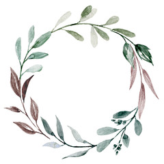 Wreath, floral frame with watercolor leaf, botanical Illustration hand painted. Isolated on white background. Perfectly for greeting card design. 