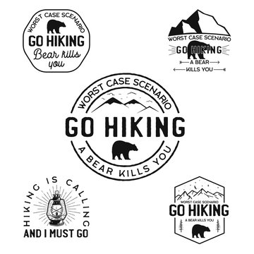 Vintage hiking logos, mountain adventure badges set. Hand drawn camp labels designs. Travel expedition, wanderlust and scouting. Outdoor emblems. Logotypes collection. Stock vector