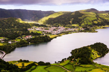 Obraz premium Beautiful landscape sceneries in Azores Portugal. Tropical nature in Sao Miguel Island, Azores. 