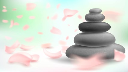 Tower of stones and pink petals, massage and spa, oriental medicine, harmony and meditation