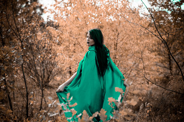 Naklejka premium Woman in gothic style wear green carnival cloak, concept of simple Halloween ideas 