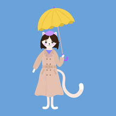 Vector graphics. Bright, cute illustration of french cat with coat and umbrella. Funny character. Flat cartoon illustration. 