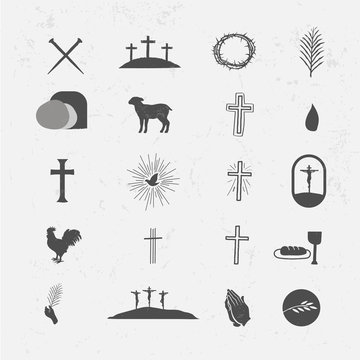 Easter Icon Vector Pack Crosses Nails Resurrection Tomb Lamb Blood Crown of Thorns sDove Hands Palm Fronds Risen Bible Jesus God