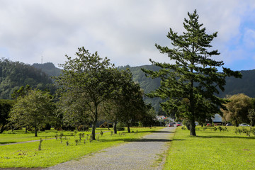 Beautiful landscape sceneries in Azores Portugal. Tropical nature in Sao Miguel Island, Azores. 