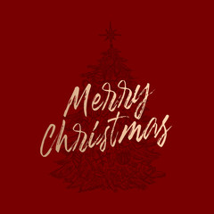 Merry Christmas Abstract Vector Retro Label, Sign or Card Template. Hand Drawn Pine Tree Decorated with Toys Sketch Illustration with Brush Like Retro Golden Typography. Premium Red Background