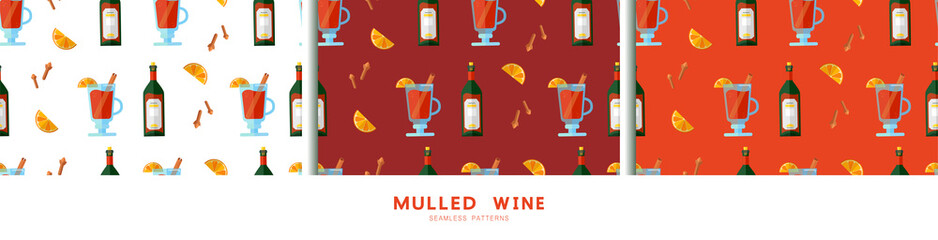 Set of colorful seamless patterns with mulled wine, spices, orange slices and red wine bottle. Endless texture. Wallpaper, positive new year fabric print, winter menu decoration