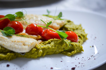 grilled fish with green peas puree