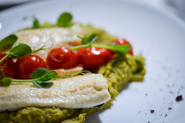 grilled fish with green peas puree