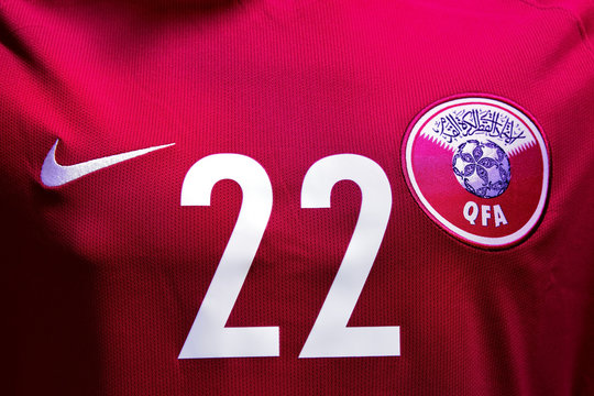 Moscow, Russia - July 14, 2018: The official athletic uniform of the Qatar football team with emblem of the Qatar Football Association QFA. Association was founded in 1960. Illustrative editorial