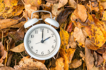 Wecker Uhr im Laubhaufen,  Sommerzeit - Winterzeit umstellen