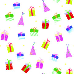 Christmas and birthday hand drawn seamless pattern. Xmas  flat background.Color decorated gift boxes, gift. Winter holiday scandinavian illustration. New Year textile, wrapping paper,background design